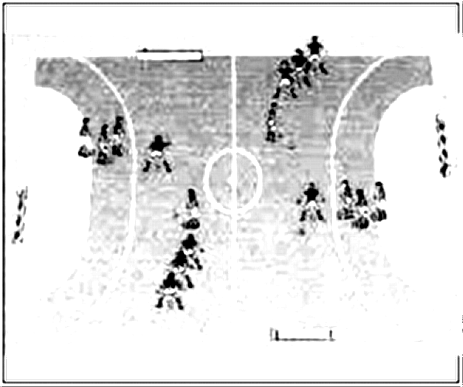Diagramm zur Übung: Vor jeder Hallenwand wird eine Langbank aufgebaut
