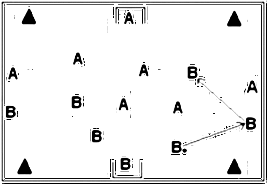 Diagramm zur Übung: Passen mit Tor — Aufwärmen, oberer Amateurbereich